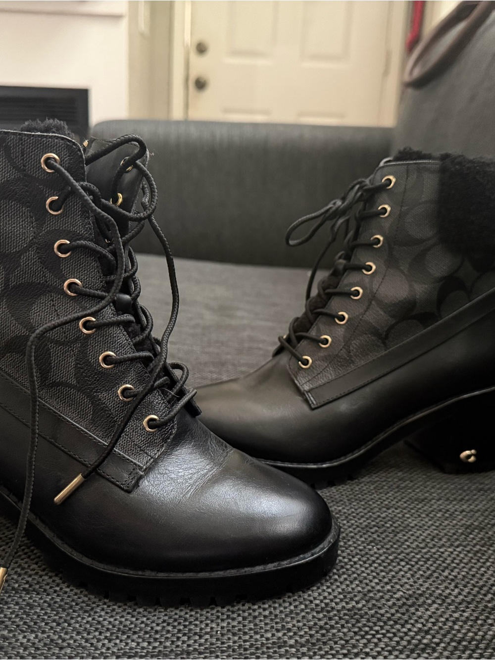 Coach Black Lace-Up Signature Jacquard Ankle Boots